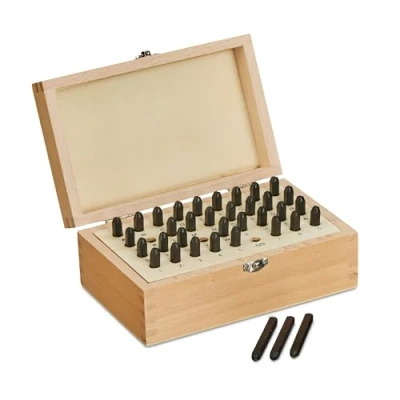 Image of Relaxdays Alphabet Stamp Set, Punch Letter, 36 piece, 3 mm, Leather and Metal, Wooden Box, Tool A Z &amp; 0 9, Steel, Black, Wood, 7 x 18 11.5 cm