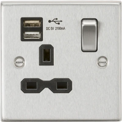 Image of KnightsBridge 13A 1G Switched Socket Dual USB Charger (2.1A) with Black Insert Square Edge Brushed Chrome