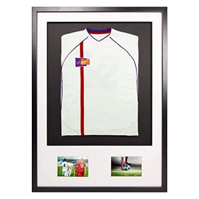 Image of Vivarti DIY Junior 3D Mounted + Double Aperture Sports Shirt Display Frame for Football Shirt, Rugby Band T Shadow Box A1 59.4 x 84cm Black Frame, White Mount, Backing Card