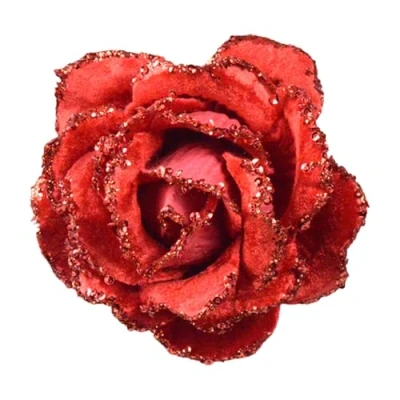 Image of Christmas Tree Decoration Clip on Rose Flower 10cm Fabric with Glitter Wedding (Red 5711)