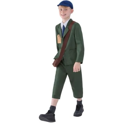 Image of Smiffys World War II Evacuee Boy Costume, Green Coat, Trousers, Hat and Bag, Boys Fancy Dress, 1940s Dress Up Costumes
