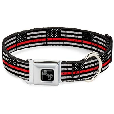 Image of Buckle Down Dog Collar Seatbelt Thin Red Line Flag Weathered Black Gray 11 to 17 Inches 1.0 Inch Wide