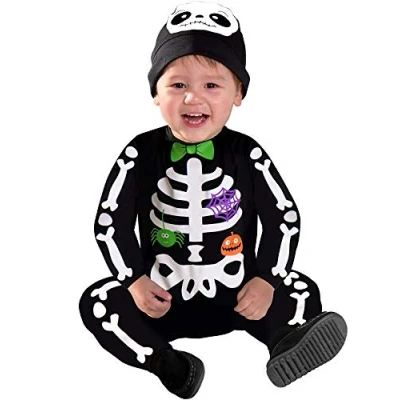 Image of amscan 9903878 Child Toddler Baby Mini Bones Fancy Dress Skeleton Costume Haunted Halloween Outfit (Age 6 12 months)