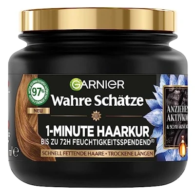 Image of Garnier True Treasures Balancing Charcoal Hair Mask, Treatment for Quickly Greasy Scalp and Dry Lengths, Activated Carbon Black Cumin Oil, 340 ml (Pack of 1)
