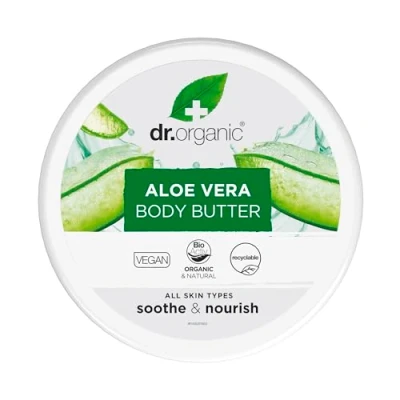 Image of Dr Organic Aloe Vera Body Butter, Soothing, Moisturising, All Skin Types, Natural, Vegan, Cruelty Free, Paraben &amp; SLS Organic, 200ml, Packaging may vary
