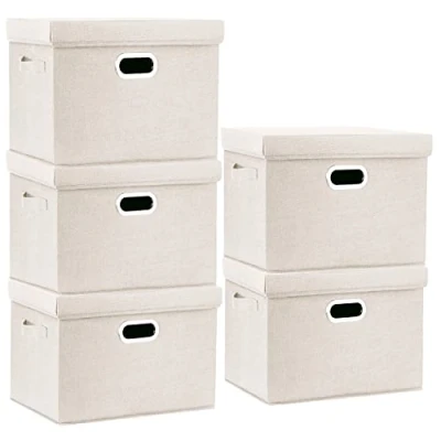 Image of TYEERS Large Storage Box with Lid, Collapsible, Washable, Fabric for Clothes, Wardrobe Storage, 44x30x29 cm, Set of 5, Beige