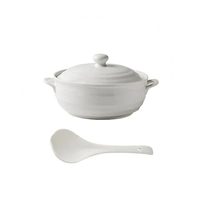 Image of Vnook Double Handle White Ceramic Tureen Soup Round Dish Casserole/Clay Pot/Earthen Pot/Ceramic Cookware with Lid Heat Resistant,1200ml
