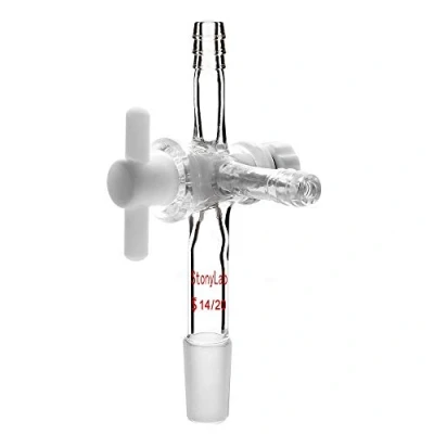 Image of StonyLab Vacuum Glass 3 Way Flow Control Adapter, Borosilicate Adapter with Standard 14/20 Taper Joint and PTFE Stopcock for Laboratory