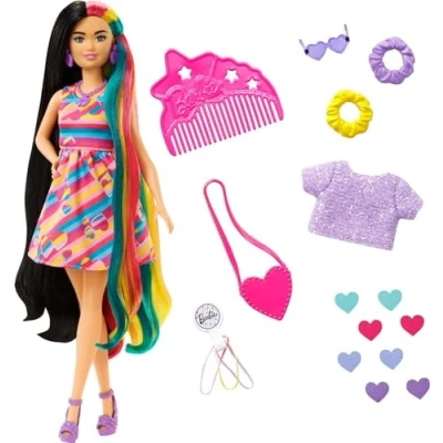 Image of Barbie Totally Hair Heart Themed Doll, Petite, 8.5 inch Fantasy Hair, Dress, 15 &amp; Fashion Play Accessories (8 with Color Change Feature) for Kids 3 Years Old Up