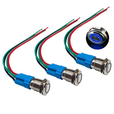 Image of QitinDasen 3Pcs Premium 12V/24V 3A Momentary Push Button Switch, 12mm Car Ignition Starter Blue LED Light Stainless Steel IP66 Waterproof Switch with Socket Plug Wire