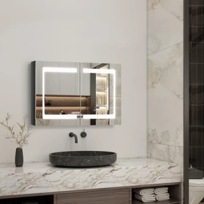 Image of EVOLVE Bluetooth LED Bathroom Mirror Cabinet 600x800 Two Door with Speaker, Three touch sensor button, heated demister pad, Dimmable Cool white light, Shaver Socket, 2Tier Shelves and Glass