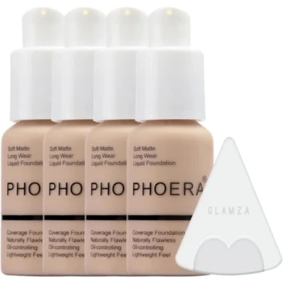 Image of Glamza Phoera Foundation Full Coverage Makeup Set 24hr Long Lasting Oil Control Soft Smooth Matte Flawless Concealer Cream Inc x4 30ml &amp; Silicone Blender Sponge (102 Nude)