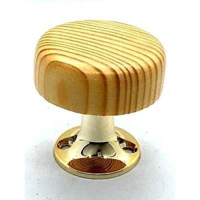 Image of 4 x Pine KNOBS 44mm med Round Wooden/Brass Cupboard Door Cabinet Wood knob