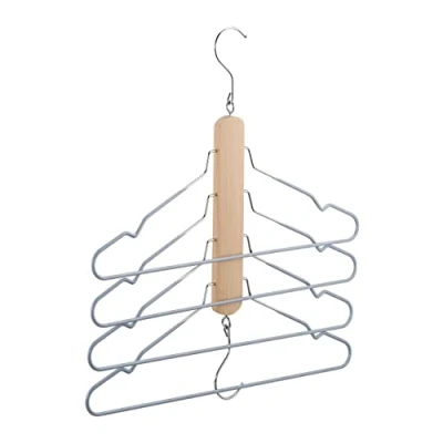 Image of Relaxdays Multi Functional Clothes Hanger, Space Saving, 4 Shirt Hangers with Trouser Bar, Wood, Metal, Non Slip Natural/Grey, Pack of 1