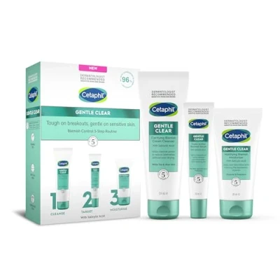 Image of Cetaphil Gentle Clear Blemish Control 3 Step Routine Skincare Kit with Salicylic Acid, Face Cleanser 124ml + Serum 30ml Moisturiser 89ml