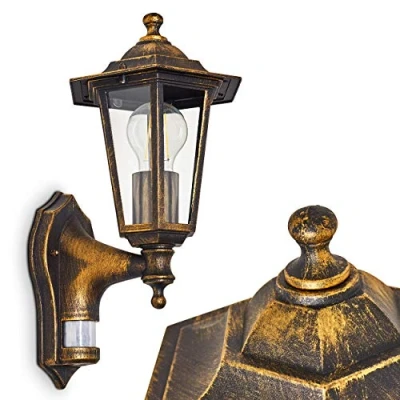 Image of Loria outdoor wall lamp with motion detector, light upwards in antique look, cast aluminium brown/gold clear glass panes, for terrace E27 socket, vintage, without bulbs