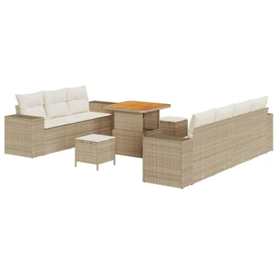 Image of vidaXL 10 Piece Garden Sofa Set with Cushions Beige Poly Rattan Acacia