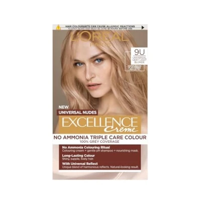 Image of L’Oréal Excellence Permanent Hair Dye Colouring Cream, 100% Grey Coverage, With Pro Keratin + Ammonia Free, Universal Nudes, 9U V. Light Blonde
