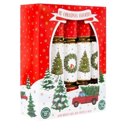 Image of Widdle Gifts Set Of 10 Christmas Crackers Festive Table Decor Scandinavian Print White And Red Xmas Tree Reindeer (Scandinavian 8186)