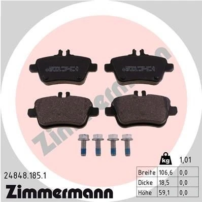 Image of 0004200605, 0004207604, 0064202320, 0064207920, 0064208020 Brake pad set ZIMMERMANN 24848.185.1 with bolts/screws Photo corresponds to scope of supply