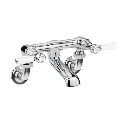 Image of Old London BC303DLWM Topaz Traditional Bathroom Wall Mounted Bath Filler with Lever Handles and Domed Collars, 142mm x 338mm, Chrome/White