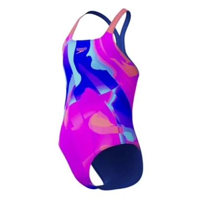 Image of Speedo Girls Digital Allover Powerback Swimsuit Swimming Costume Cobalt Pop Size 9 10 Years