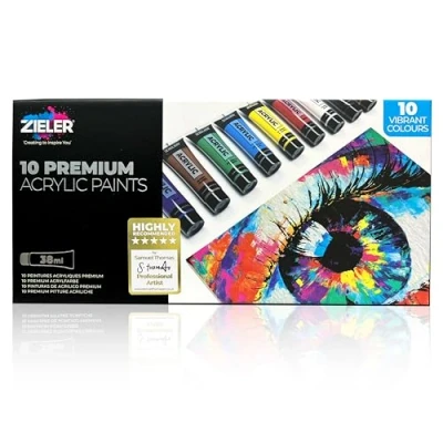 Image of Zieler Premium Acrylic Paint Set (10 Tubes 38ml Essential Colours) Ideal for Paper, Canvas, Wood, Ceramic, Fabric &amp; Crafts. Vibrant Colours Rich Pigments