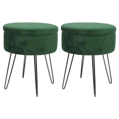 Image of Harbour Housewares 2x Green/Black H45 x D36cm Round Velvet Storage Footstools Living Room Dressing Table Footstool Ottoman Pouffe Chair Seat