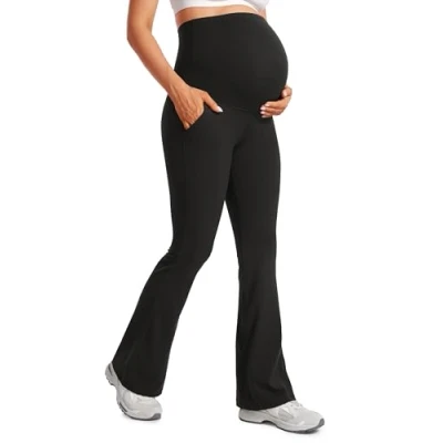 Image of CRZ Yoga Women&#039;s Butterluxe Maternity Flare Leggings with Pockets 31&quot; Buttery Soft Pregnancy Bootcut Belly Support Pants Black 10