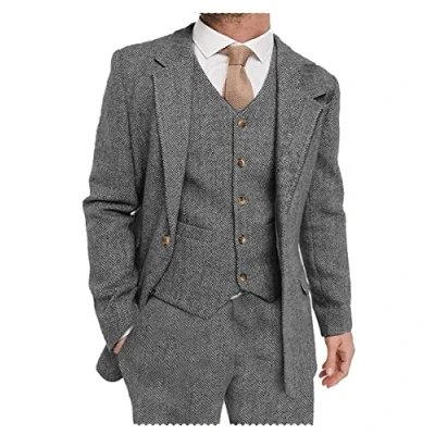 Image of Solovedress Men&#039;s Suit 3 Piece Classic Tuxedo Tweed Wool for Wedding (Blazer + Vest Trousers), gray, XXXL