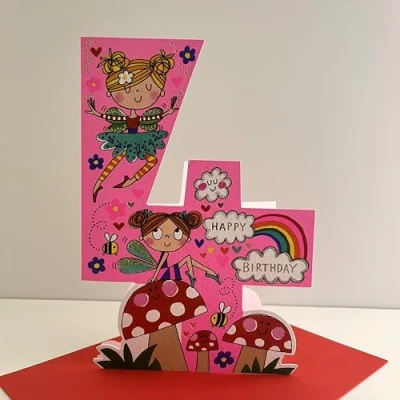 Image of Rachel Ellen Age 4 Die Cut Number Happy Birthday Card Fairy Toadstools
