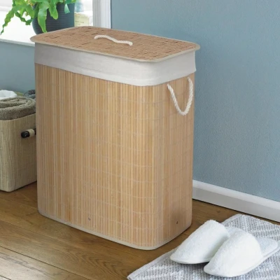 Image of Oblong Eco friendly Bamboo Laundry basket with a Lid, Washable Liner and Divider, Natural, 52 x 32 60cm Country Club