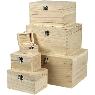 Image of Creativ Wooden Square Box Set with Metal Clasp Hinged Lid 1, of 6