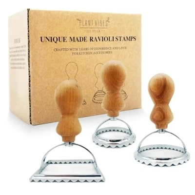 Image of Plantvibes Ravioli Cookie Cutter Set of 3 Beautiful Shapers with Wooden Handle, Stamp and