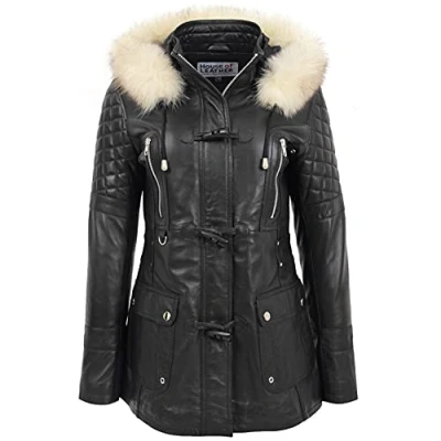 Image of Womens Real Leather Duffle Coat Detachable Hoodie Parka Ariel (12, Black)
