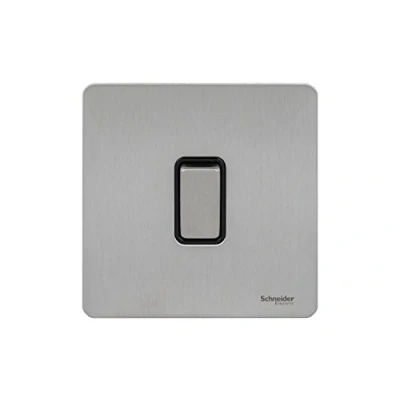 Image of Schneider Electric Ultimate Screwless Flat Plate Single Rocker 2 Way Light Switch, Pole, 16AX, GU1412BSS, Stainless Steel with Black Insert