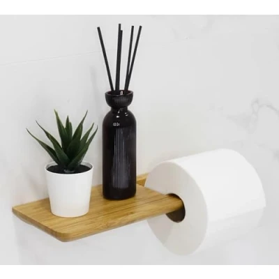 Image of GreenAmapola Wooden Toilet Roll Holder, Bamboo Paper Holder Handmade, Self Adhesive, Modern Design, Bathroom Accessories No Drilling Required