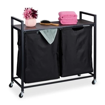 Image of Relaxdays Laundry Basket, 2 Pull out Compartments, Rollable Storage Rack, Linen Bin, Industrial Design, Black/Brown, Fibreboard, 75.5 x 80 33 cm