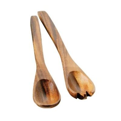 Image of Premier Housewares 1104585 Acacia Wood Salad Servers Bowl &amp; Set of 2 Wooden Tongs Small Spoon Forks 35 cm x 5 cm, Brown