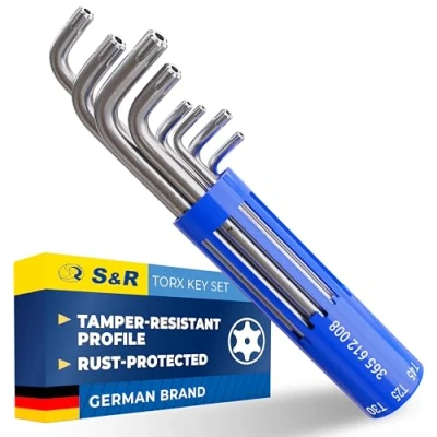 Image of S&amp;R Torx Allen Key Set 8 Pieces TX10 TX50 Comprehensive Hex in Cylinder Plastic Clip Durable Chrome Nickel Coating, Vanadium Steel