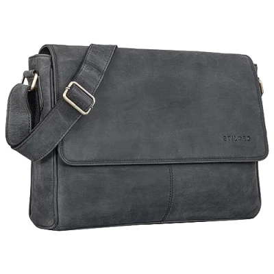 Image of STILORD &#039;Oskar&#039; Genuine Leather Bag Men &amp; Women Messenger Shoulder Classic Business Satchel Work Brown, Colour:carbon grey