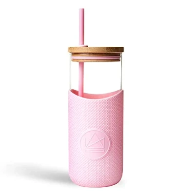 Image of Neon Kactus Glass Water Bottle Tumbler with Straw and Lid Reusable Drinking for Hot &amp; Cold Drinks Non Permeable, Leakproof, Dishwasher Safe Pink Flamingo, 1000 ml
