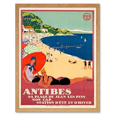 Image of Wee Blue Coo Travel Tourism Antibes Beach Sea Ocean Sun Paris France Art Print Framed Poster Wall Decor 12X16 Inch