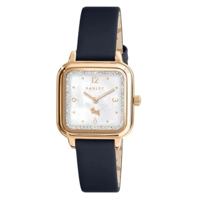Image of RADLEY Womens Rose Gold Plated Mother of Pearl Dark Blue Leather Strap Square Analogue Quartz Watch