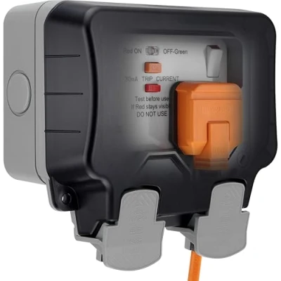 Image of BG Electrical WP22RCD 01 Double Weatherproof Outdoor Switched Power Socket with Latching RCD, IP66 Rated, 13 Amp