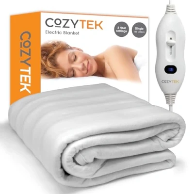 Image of Cozytek Single Electric Blanket 135 x 65cm, Soft Polyester Fitted Underblanket Mattress Cover, 3x Heat Settings, 1x Controller and Machine Washable Heated