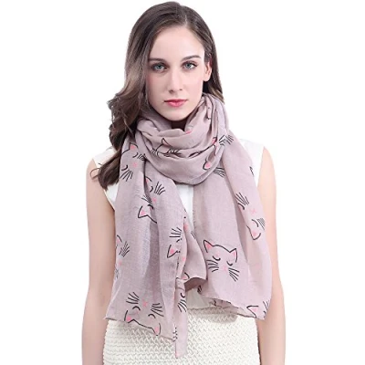 Image of Lina &amp; Lily Cat Animal Print Women&#039;s Scarf Shawl Lightweight (Dusty Pink)(Size: 180cm x 90cm)