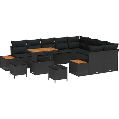 Image of vidaXL 12 Piece Garden Sofa Set with Cushions Black Poly Rattan Acacia