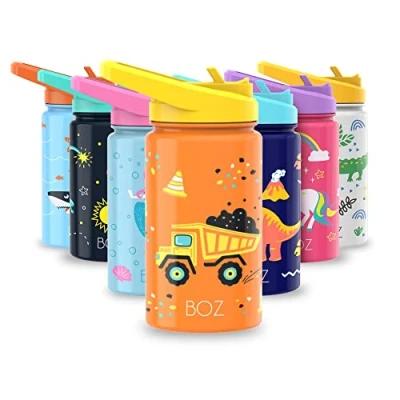 Image of BOZ Kids Insulated Water Bottle with Straw Lid, Stainless Steel Vacuum Double Wall Cup, 14 oz (414ml). Scratch Resistant Cute Print and Carry Handle, BPA Free Dishwasher Safe (Construction)