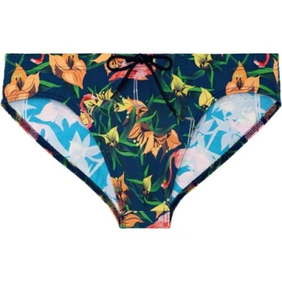 Image of HOM Men&#039;s Swim Briefs, Pink Flamingo Print Navy Background, S
